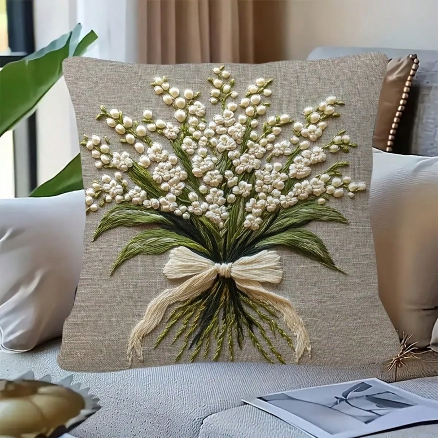4pcs/1pc Elegant Lily Of The Valley Floral Pattern Home Decor Pillow Case | 18x18 Inch | Zipper Closure | Soft Comfortable Fabric, Fade-Resistant, Hand Washable, Suitable For Modern Living Room, Bedroom, Garden, Car, Home Decor. Pillow Insert Not Included