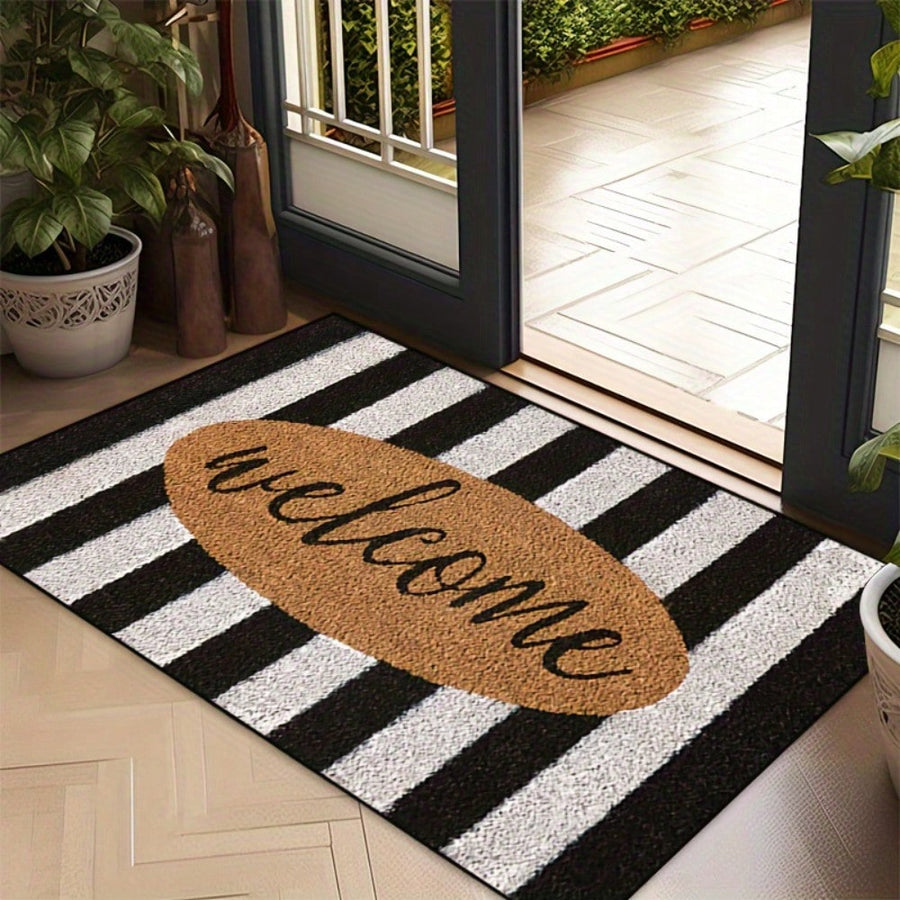 1pc 16"*24"18"*30" Non-Slip Welcome Doormat With Rubber Backing - Machine Washable Polyester Entry Mat, Grey Black Vertical Stripes & Oval Brown Welcome Sign For Indoor/Outdoor Use In Entryway, Living Room, Patio, Kitchen, Bathroom